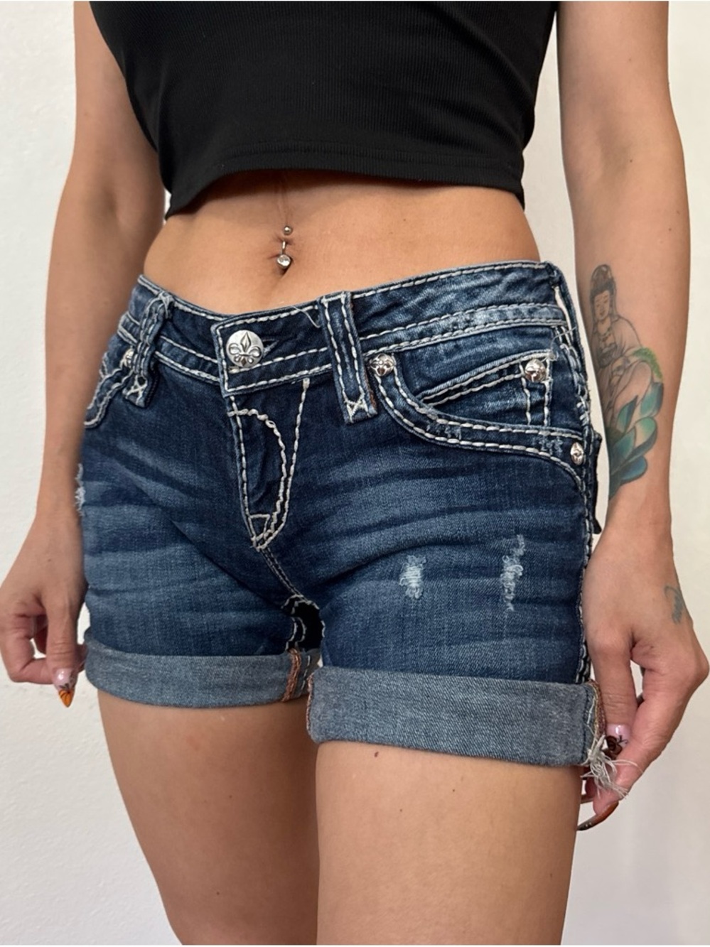 Rock Revival Dark Blue Distressed Rolled Hem Jean Shorts